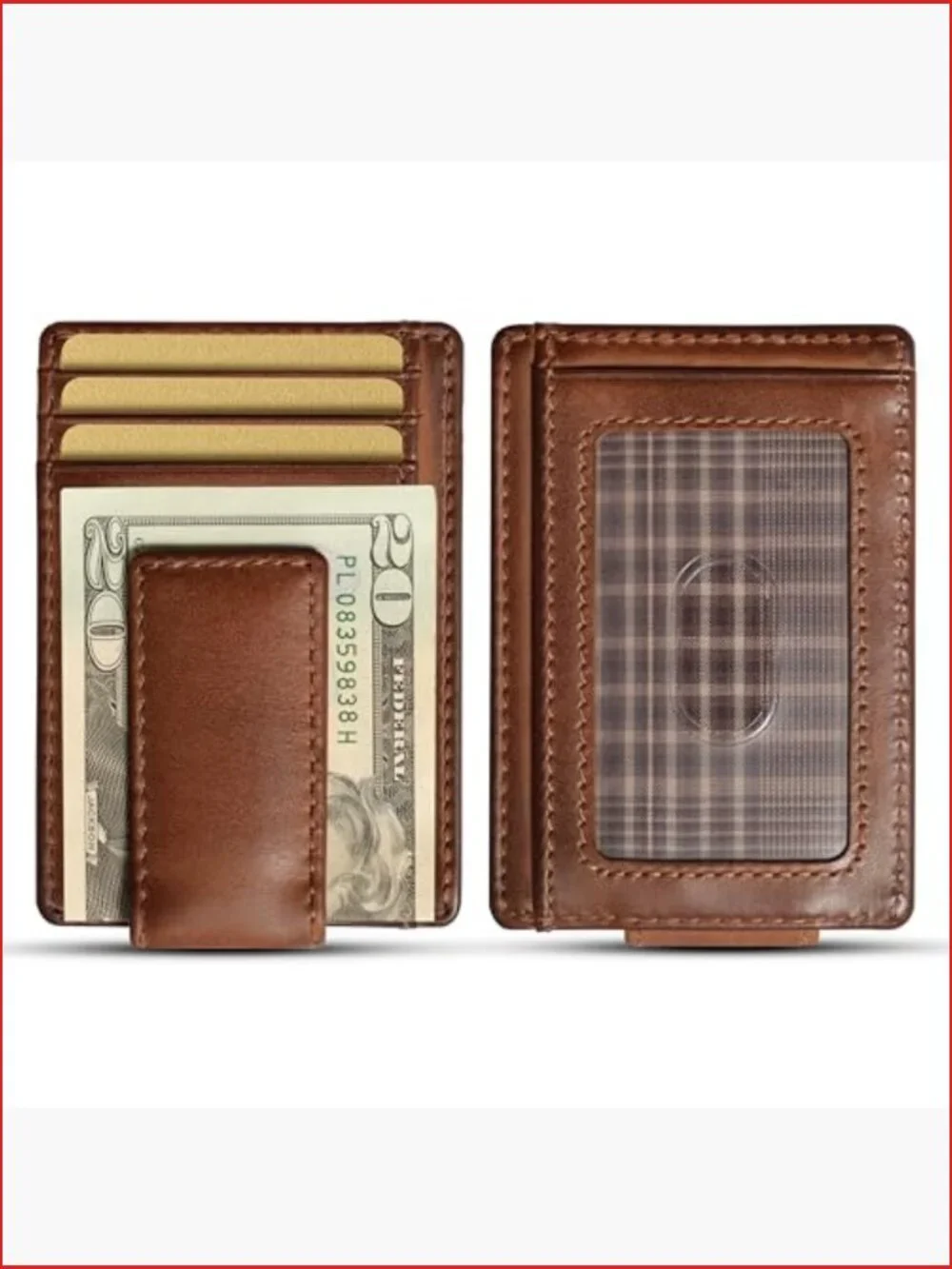 Slim Money Clip Wallet with Magnetic Clip, Full Grain Leather, 9 Card Holder,